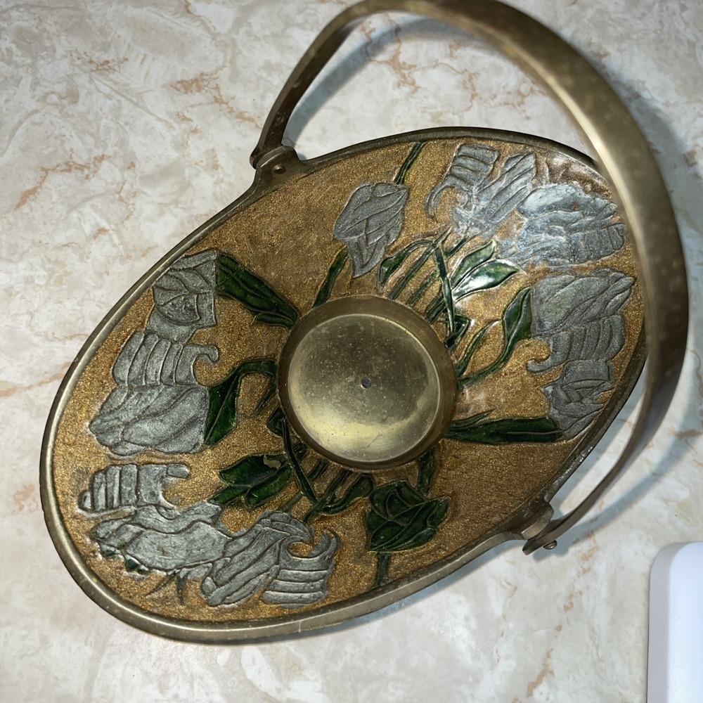 Rare Vintage Brass &Enamel Cloisonne handled‎ trinket bowl BEAUTIFUL